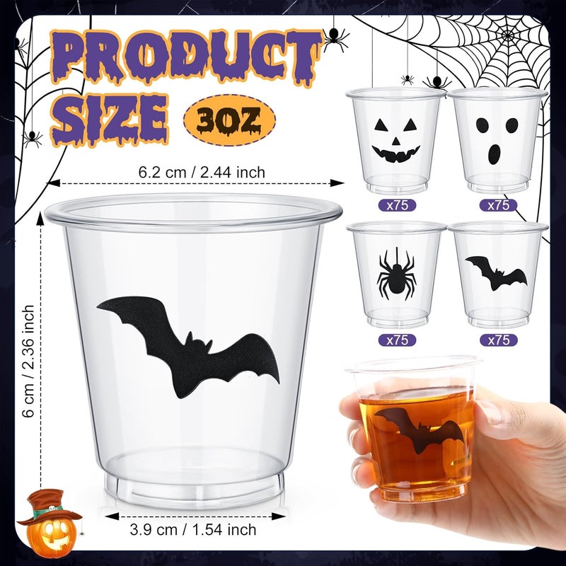 Widecook 300 Pack 3 oz Halloween Plastic Shot Glasses Disposable Party Shot Cups Bulk Ghost Pumpkin Spider Bat Clear Mini Tasting Cups for Halloween Whiskey Party Favors Drinking Supplies - Image 3